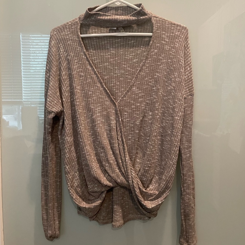 Tan/Brown Choker V Neck Long Sleeve